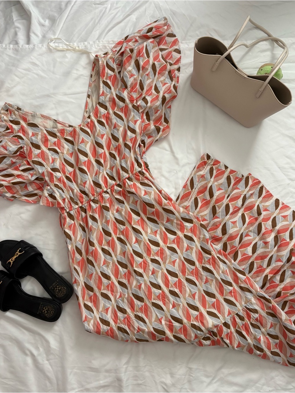 Anthropologie Coral, White & Brown Geometric Maxi Dress